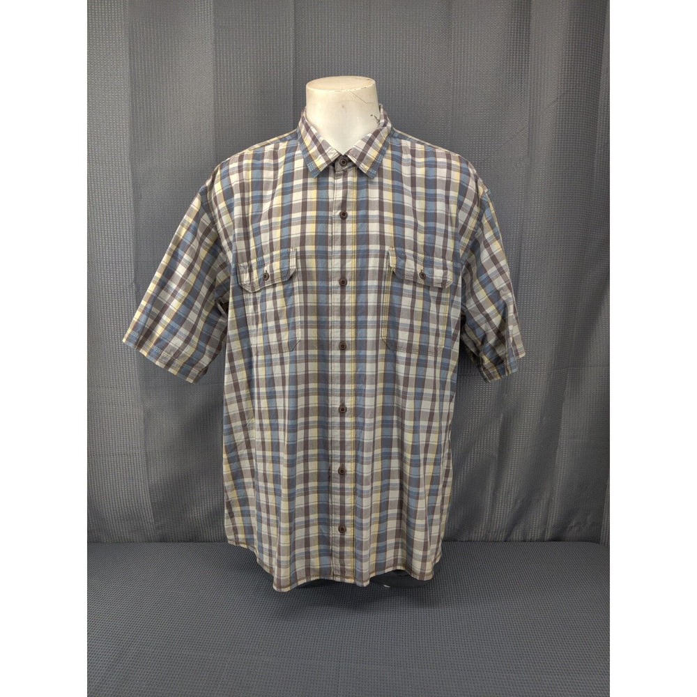 Redhead Shirt Men 3XL Button Short Sleeve Plaid Check Blue White Brown Cotton